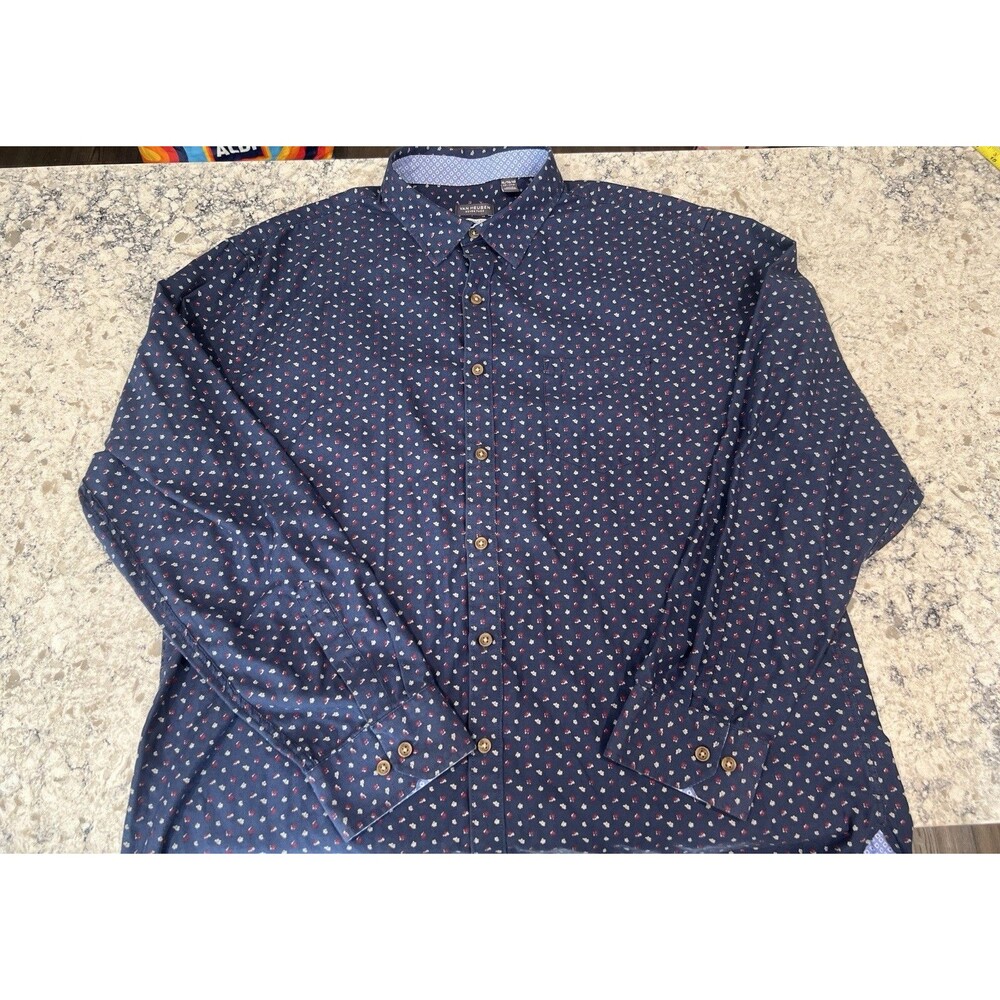 Van Heusen Shirt Men's Size Large 17/17.5 Blue Floral Button Up Long Sleeve